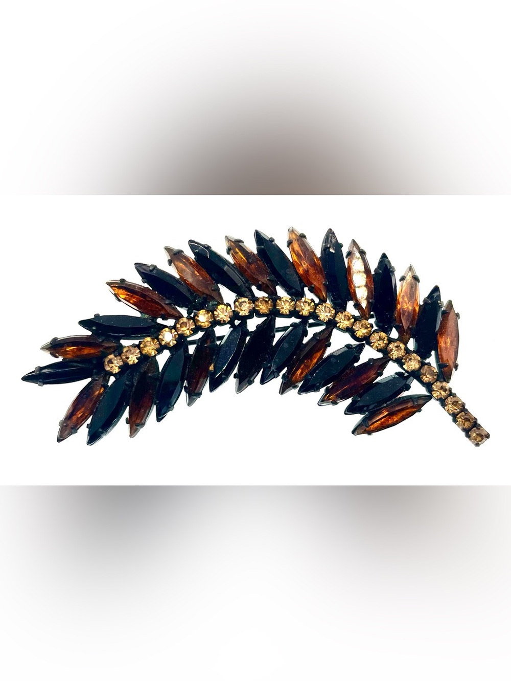 Vintage Japanned Black & Amber Rhinestone Fern Leaf Brooch Mid Century Crystal